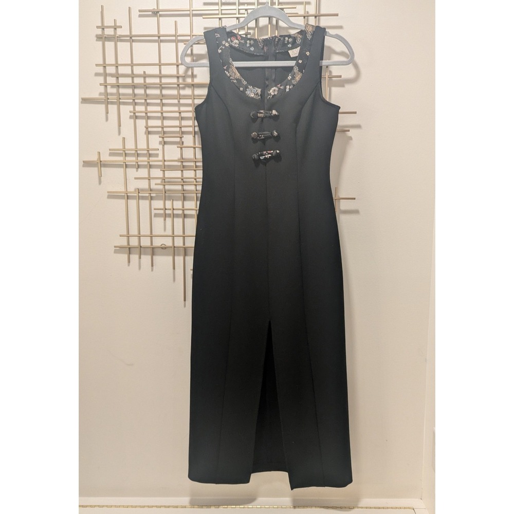 VTG Y2K XOXO Black Sleeveless Maxi Dress Floral Trim Front‎ Slit Sz S Black Tie
